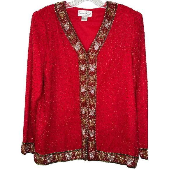 Vintage Laurence Kazer Silk beaded red formal cardigan Jacket Coat hoilday large - Picture 1 of 12
